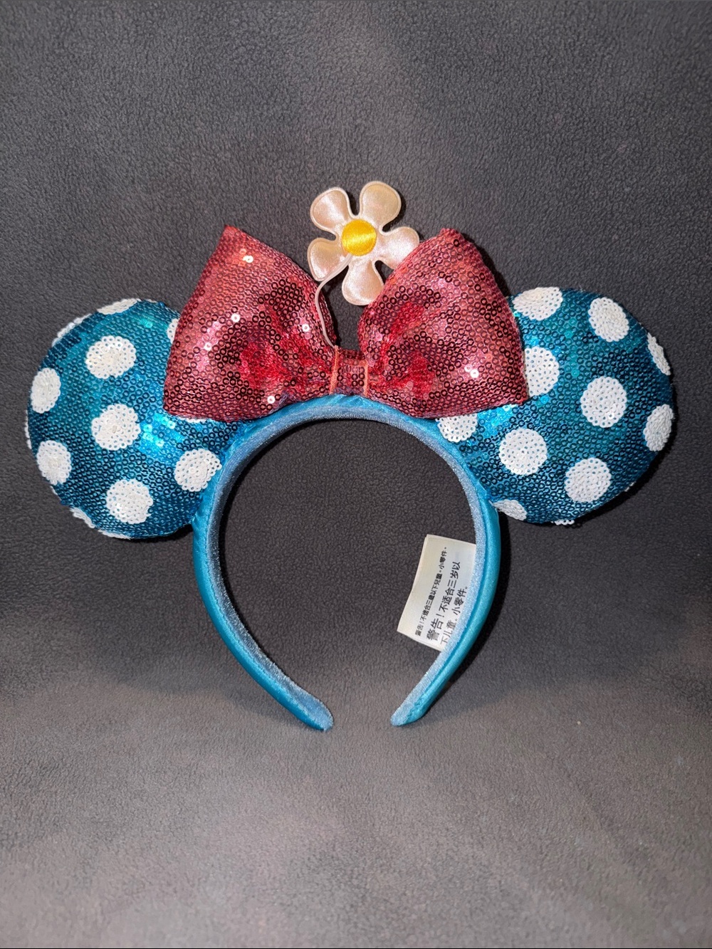 Disney Blue Polka Dot Minnie Ears Headband with Red Bow and Yellow Daisy